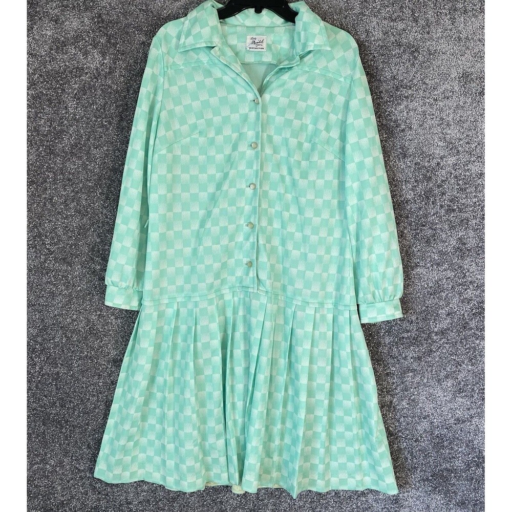 Vintage 70s Lady Mendel Dress Womens XL Knit MCM Retro Checkered Pleated
